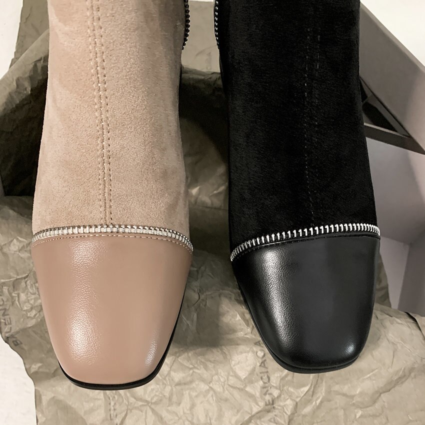 QUTAA Patchwork PU Leather Scrub Slip on Women Shoes Square Heel Ankle Boots Round Toe Autumn Winter Ladies Pumps Size34-43