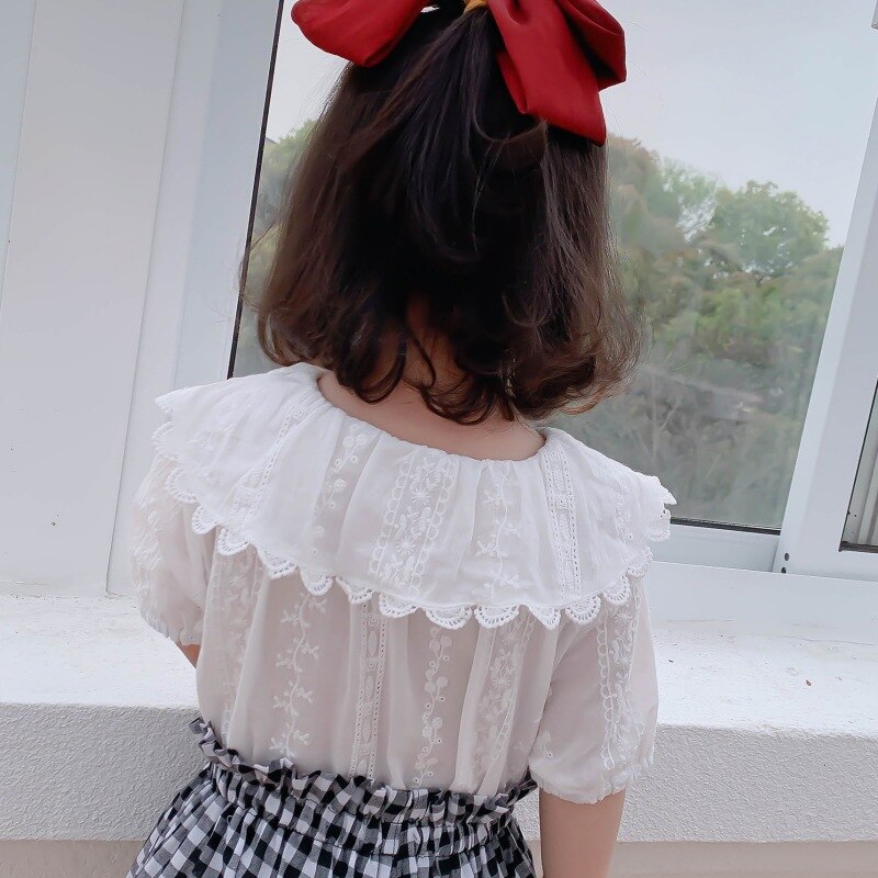 Småbarn barn klær sett 0-6t sommer baby jenter halvermet hvit blonde bluse topper barn sommer casual søt bluse