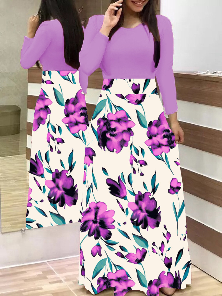 European and American style floral print color matching long sleeved dress, long women's large swing skirt: M / Lavender