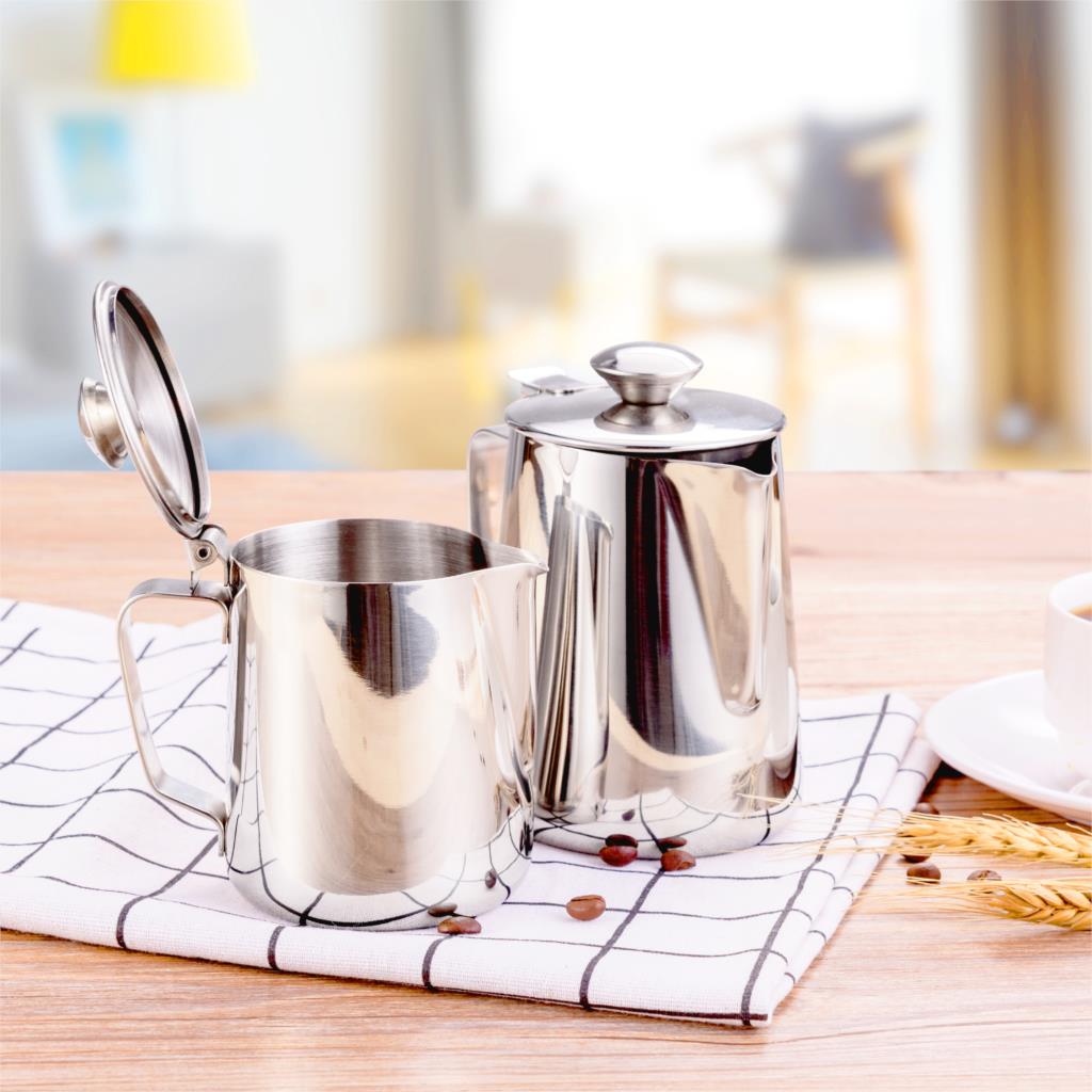 Rustfrit stål kaffekop mælkeskummende kande kande drypfri tud krus med låg flødekande kop til hjemmet cafe bar  (350 ml、 600ml)