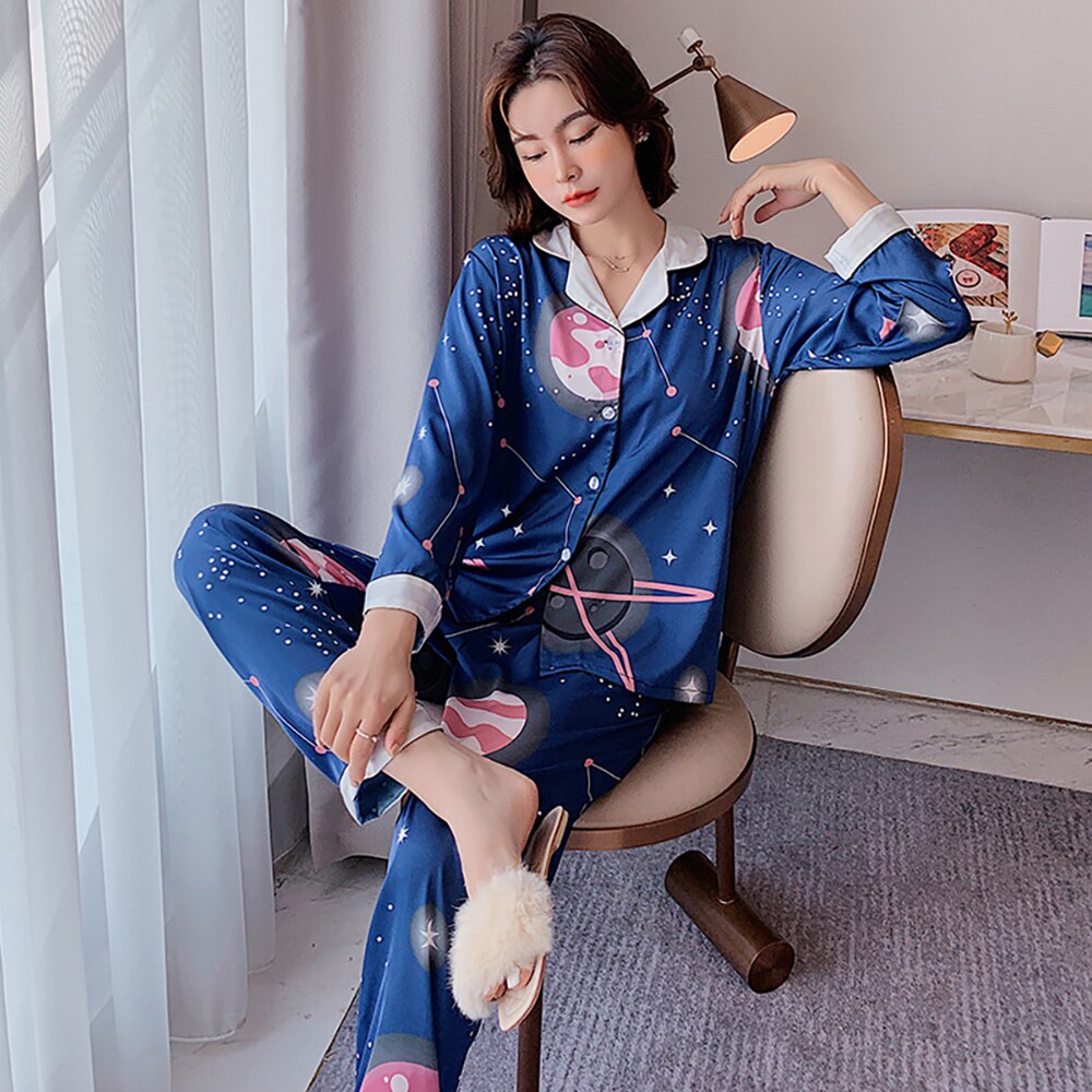 ChunShang Pajamas Women Summer Thin Ice And Snow Silk Long-Sleeved Two-Piece Letter Home Service Suit: Blue / M