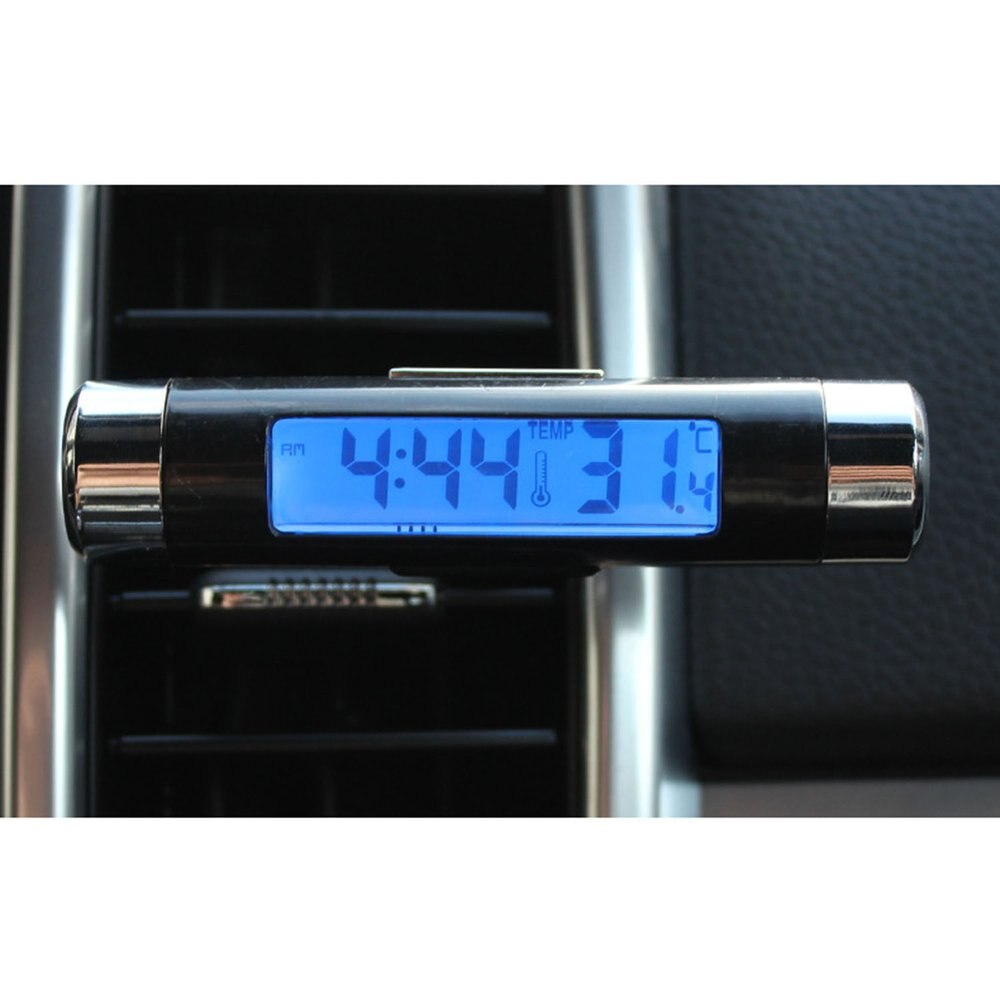2 In 1 Car Vehicle LCD Digital Display Automotive Thermometer Clock Portable Car Air Vent Outlet Clip-on LED Backlight