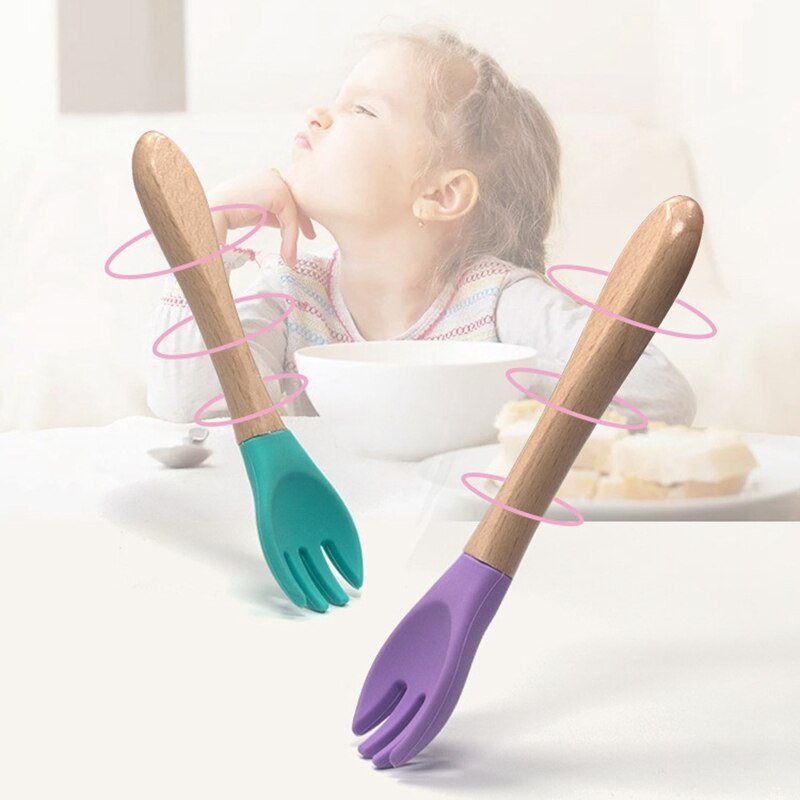 Hurtownia niemowlę silikonowy widelec ekologiczny widelec dla dzieci łatwe robić czyszczenia łyżka dla dzieci z drewnianym uchwytem prezent dla dziecka dla dzieci