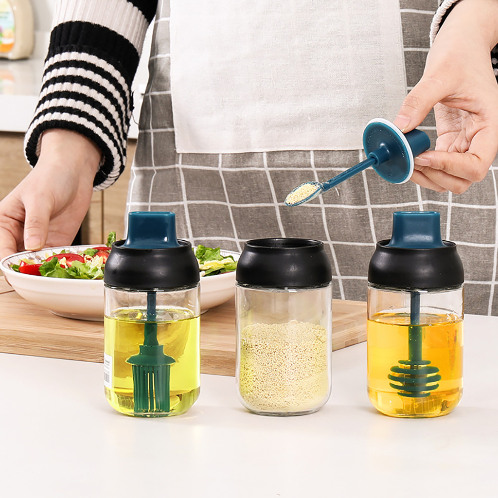 Tarros de condimentos, pincel de aceite, depósito de vidrio para condimentos, Kit de especias de cocina, botellas, pimienta, cuchara para miel, contenedor de almacenamiento de alimentos # T5P