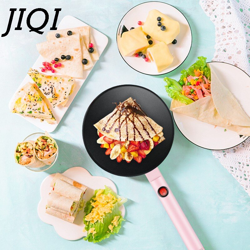 JIQI-máquina de tortitas eléctrica para hacer crepes y Pizza, plancha antiadherente para hornear pan y pasteles, utensilios de cocina de 220V, color rosa, para UE y EE. UU.