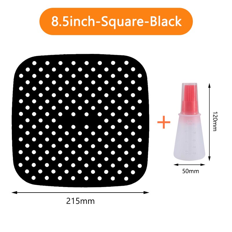Tapis de revêtement de friteuse à Air en Silicone, antiadhésif, revêtement intérieur de cuisson pour accessoires de cuisine, rond et carré réutilisable: 8.5inch-Blackand Oil