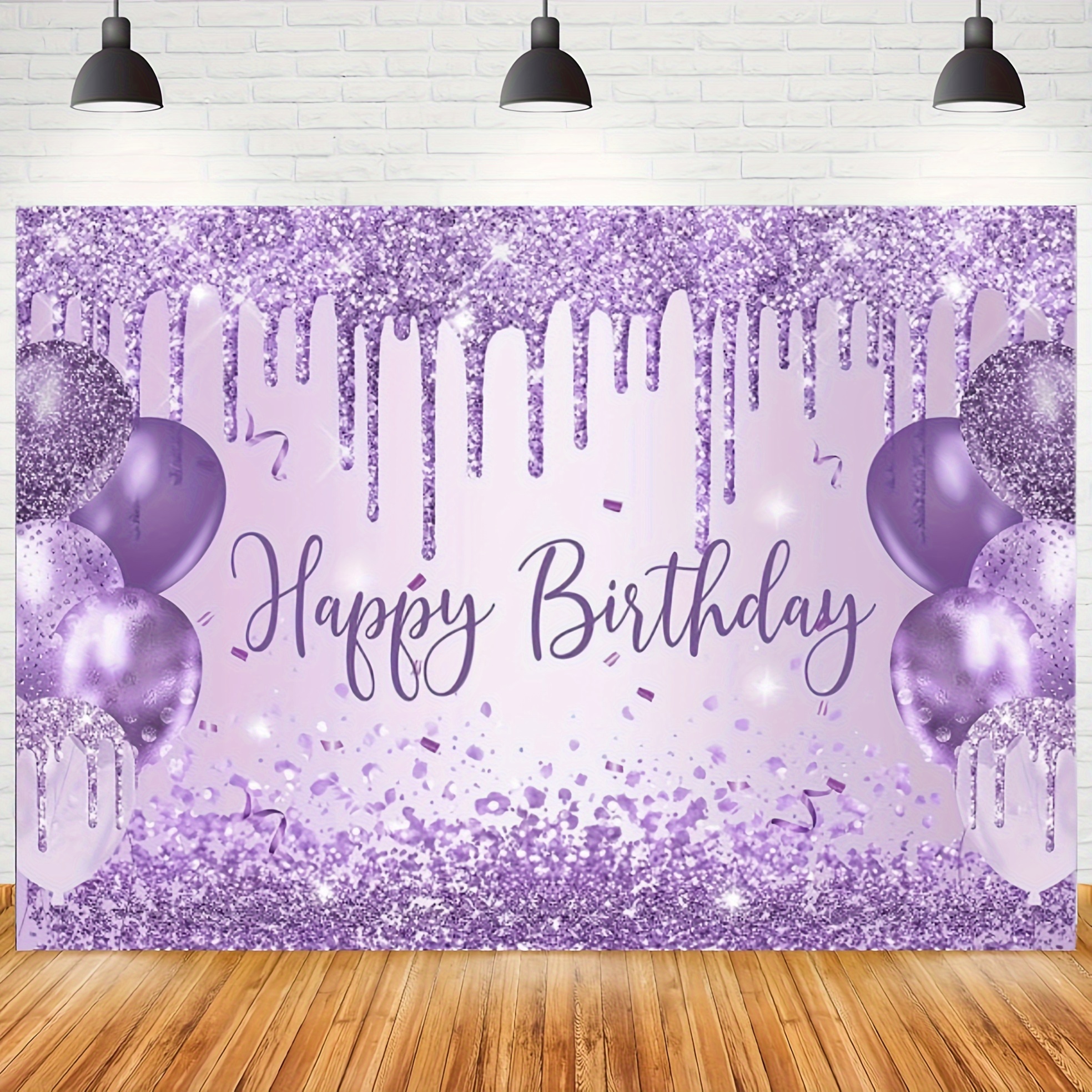 Purple glitter birthday background with balloons and "Happy Birthday" text - perfect for party decorations