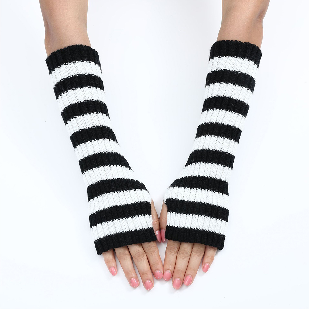 Women's Knitted Fingerless Arm Sleeves Gothic Style Striped Winter Long Arm Warmers Girls Harajuku Y2K Wrist Gloves