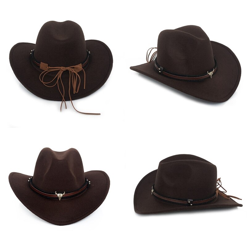 Kvinder mænd uld klassisk western cowboy hat roll-up bred kant rand punk læder bælte jazz cap med tauren læder bælte cowboy hat