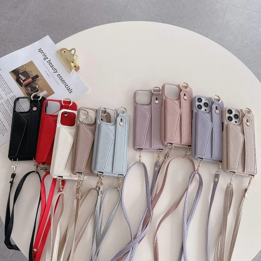 Voor iPhone 16 Polsband Ring Portemonnee met kaartsleufhouder Telefoonhoesje voor iPhone 15 Plus Pro Max Crossbody lederen hoes