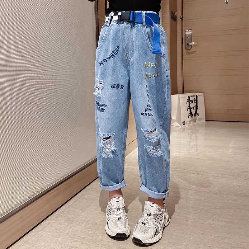 Jean déchiré en Denim pour filles, pantalon bleu avec des trous, pour enfants de 5 6 7 8 9 10 11 12 13 ans, printemps été