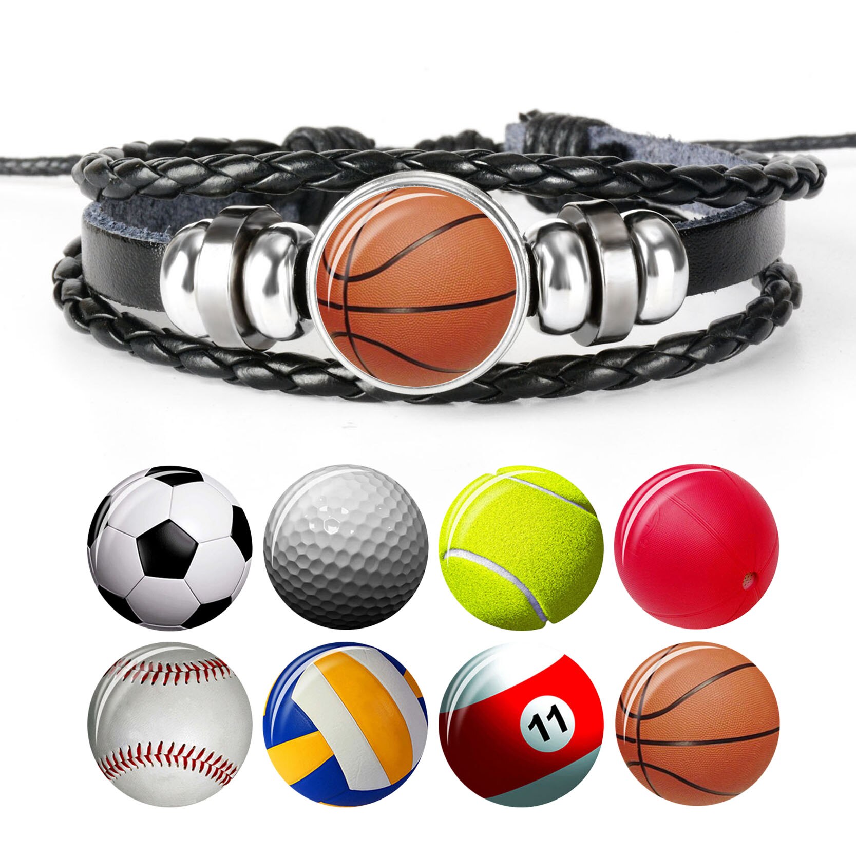 Pulsera deportiva de cuero de tejido negro para hombre, brazalete de foto de fútbol, béisbol, baloncesto, voleibol, pulsera cabujón cristal