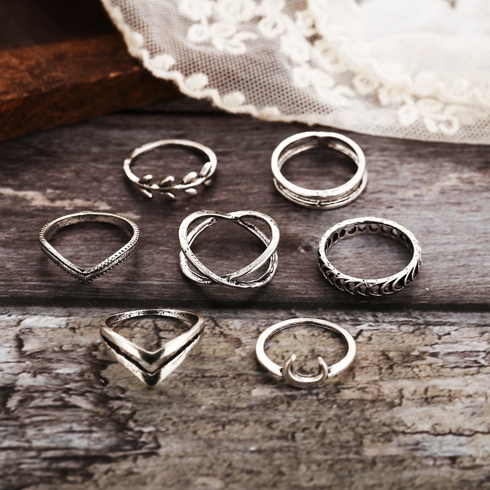Blad måne halvmåne ringe til kvinder antikke punk kno midi ringe sæt vintage anillos smykke tilbehør 7 stk/sæt