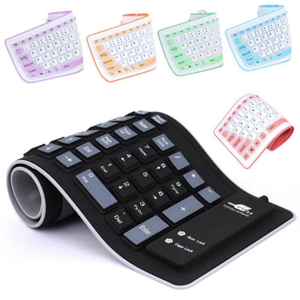 Teclado portátil de silicona plegable y silencioso, teclado enrollable con cable USB, Flexible, suave e impermeable, Gel de sílice, para PC y portátil