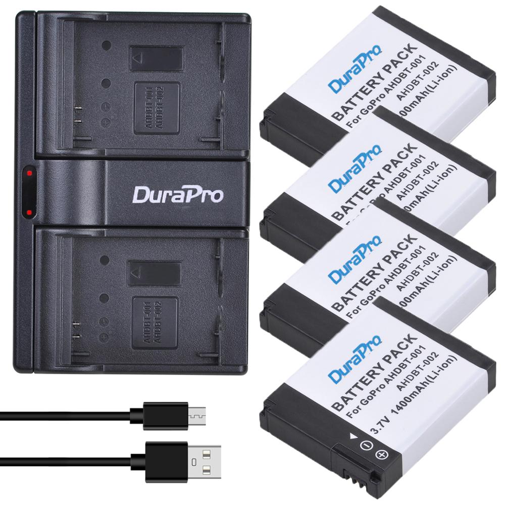 DuraPro 1400mAH AHDBT-001 AHDBT-002 Camera Battery+USB Dual Charger for GoPro Hero 1 2 Go pro Hero 1 2 1080p 960 NIB Camera: 4 Battery Set