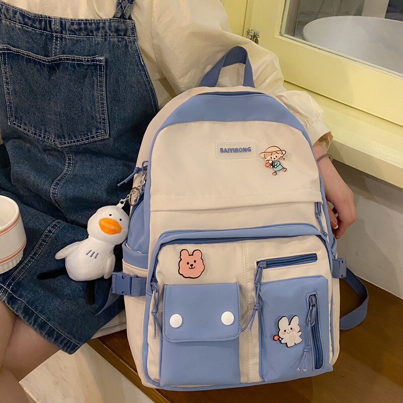 Kawaii Multi-pocket Women Backpack Female Waterproof Nylon Travel Bag College Girl Schoolbag Contrast Color Laptop Backpack