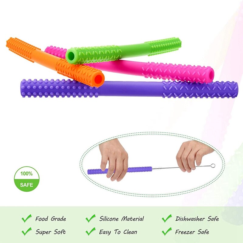 Flexible Hollow Teething Tubes(4Pack-6.8Inch), Soft Silicone Teething Toys for Babies Infants 0-12 Months Old