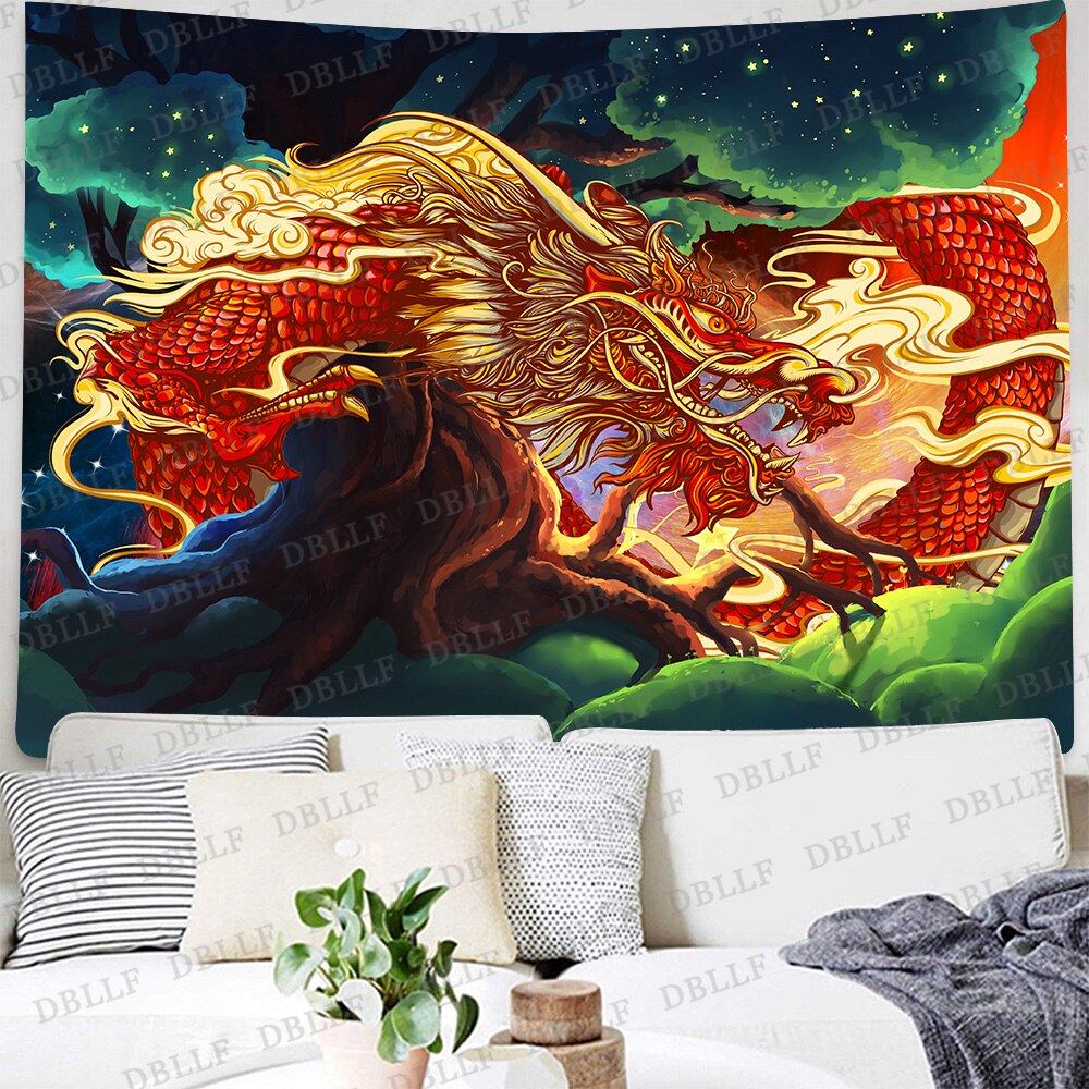 Simsant Chinesischen stil einhorn Drache Tier Totem Wandteppich Hängen Bunte Dekorative Zauberstab Kunst Chinesischen Mythen Tagesdecken: 2TGTLHDB110