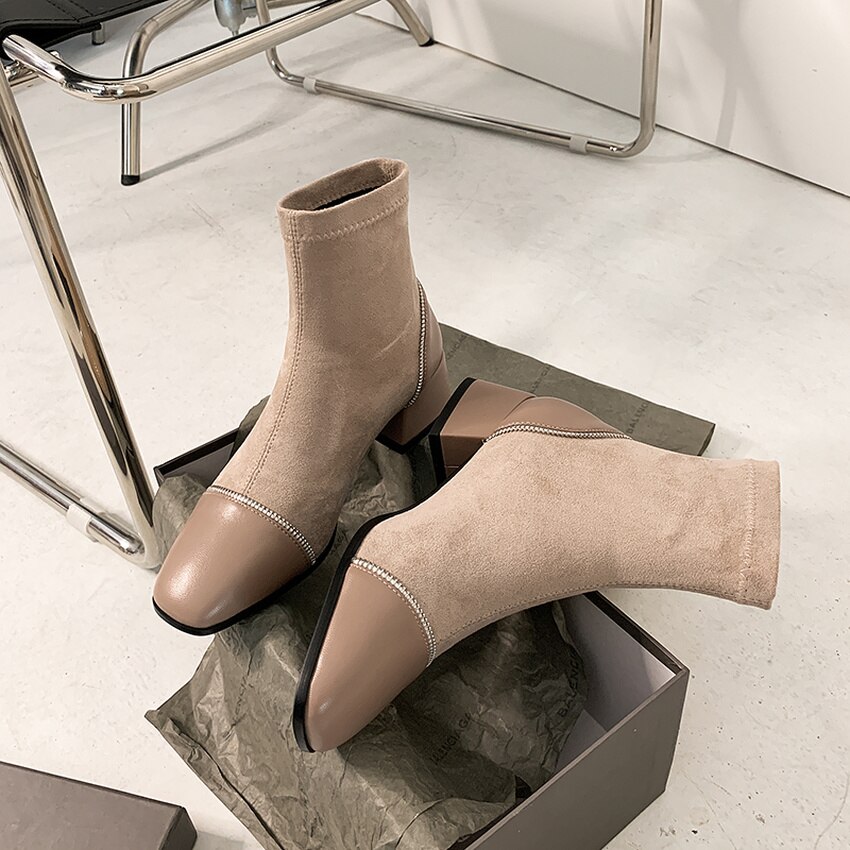 QUTAA Patchwork PU Leather Scrub Slip on Women Shoes Square Heel Ankle Boots Round Toe Autumn Winter Ladies Pumps Size34-43