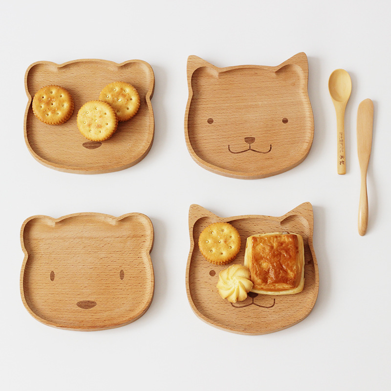 Animal Shaped Solid Wood Dinner Plate Cartoon Tray Children&#39;s Feeding Set Cutlery Wooden Plate Dessert Plate