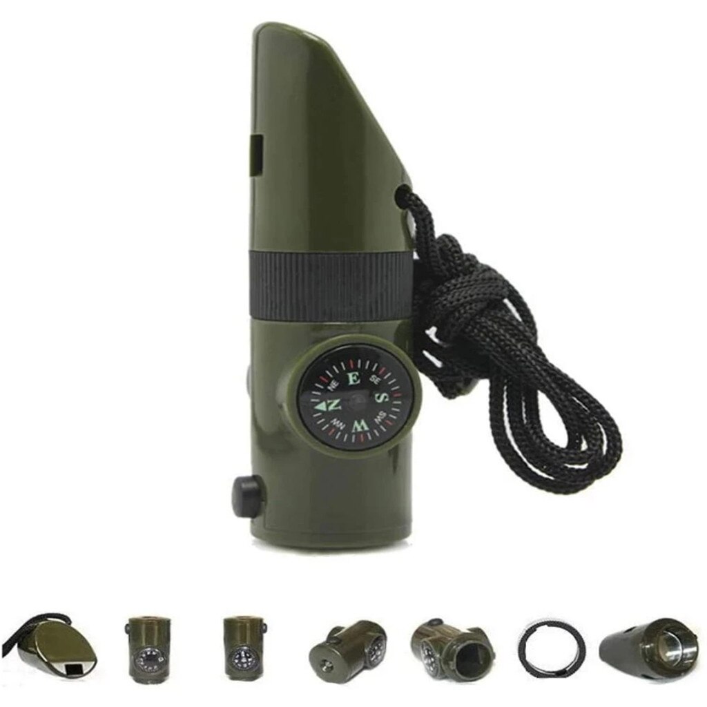 7 en 1 sifflet survie Bushcraft Trekking sifflet boussole miroir torche loupe lumière Led thermomètre stockage boussole outils