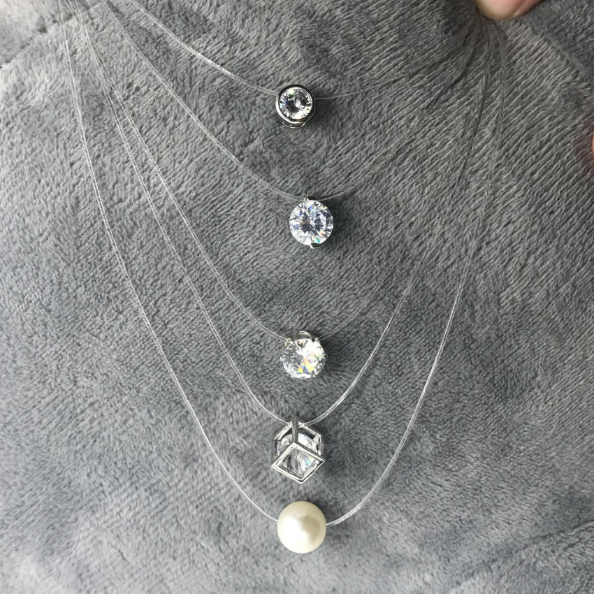 5-kleuren oogverblindende zirkoon ketting onzichtbare transparante vislijn eenvoudige hanger ketting sieraden voor vrouwen parel sieraden