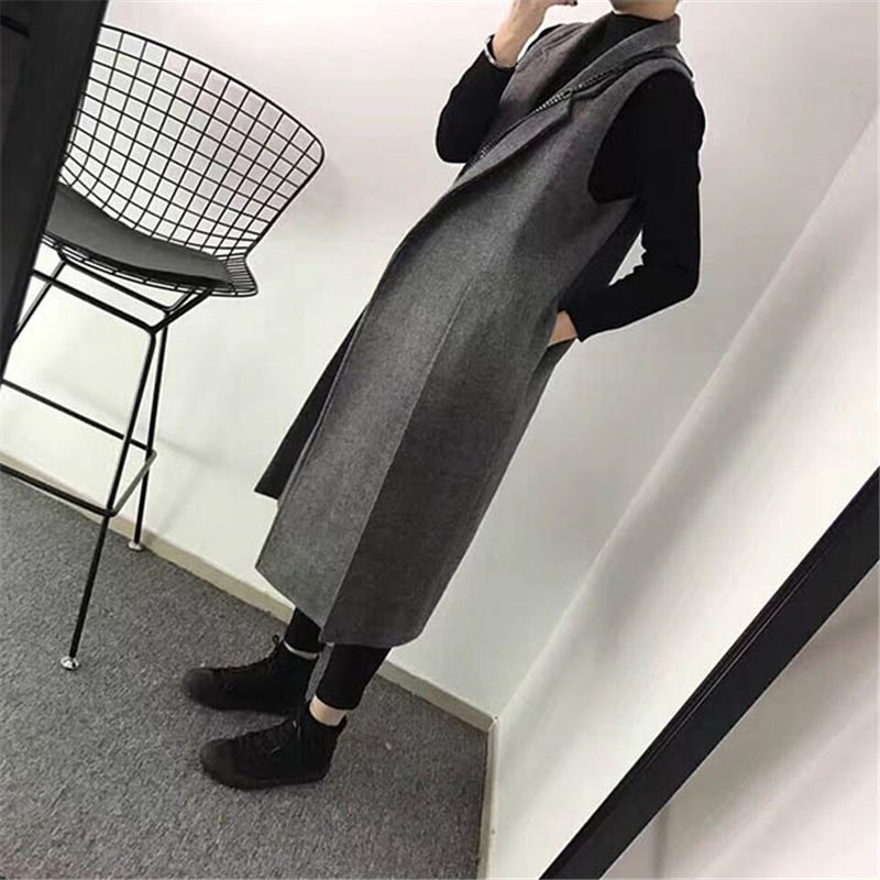Herfst winter koreaanse wollen pak vest slank casual split lange mouwloze jas gilet grote maten dameskleding  f1514