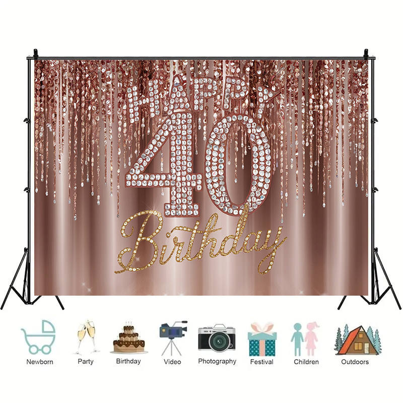 1 pared de fondo para celebración del 40 cumpleaños: brillante de "40" y "feliz cumpleaños" dorado, decoración para de cumpleaños