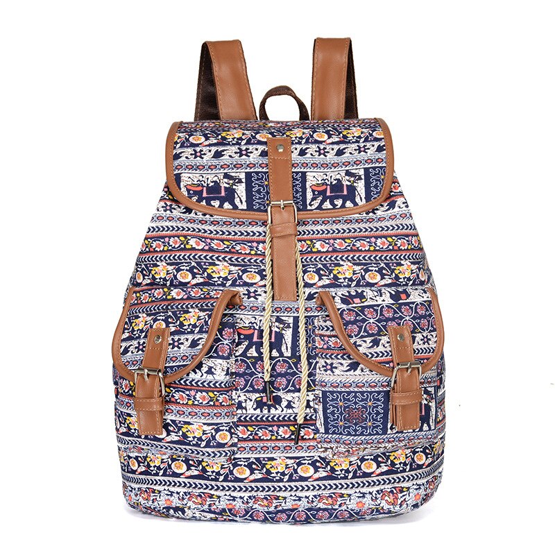 Woven Fabric Female Bagpack Women Backpack Bohemia Boho Ladies Drawstring Rucksack Girls School Bags: Blue Flower