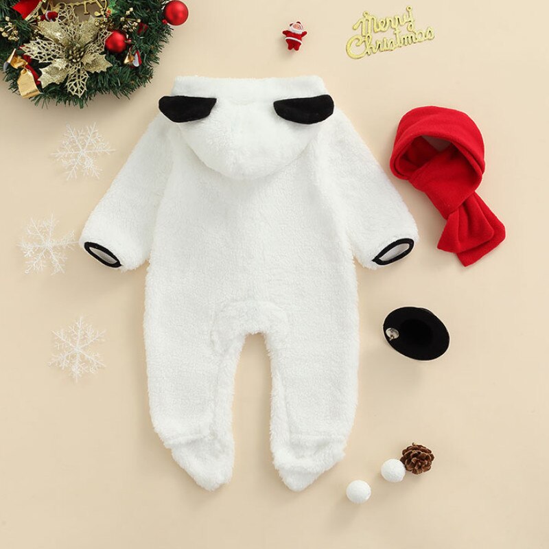 2 pezzi neonato ragazzo ragazza pagliaccetto invernale completi, tuta Fuzzy manica lunga blocco di colore piede bambino con orecchie + sciarpa