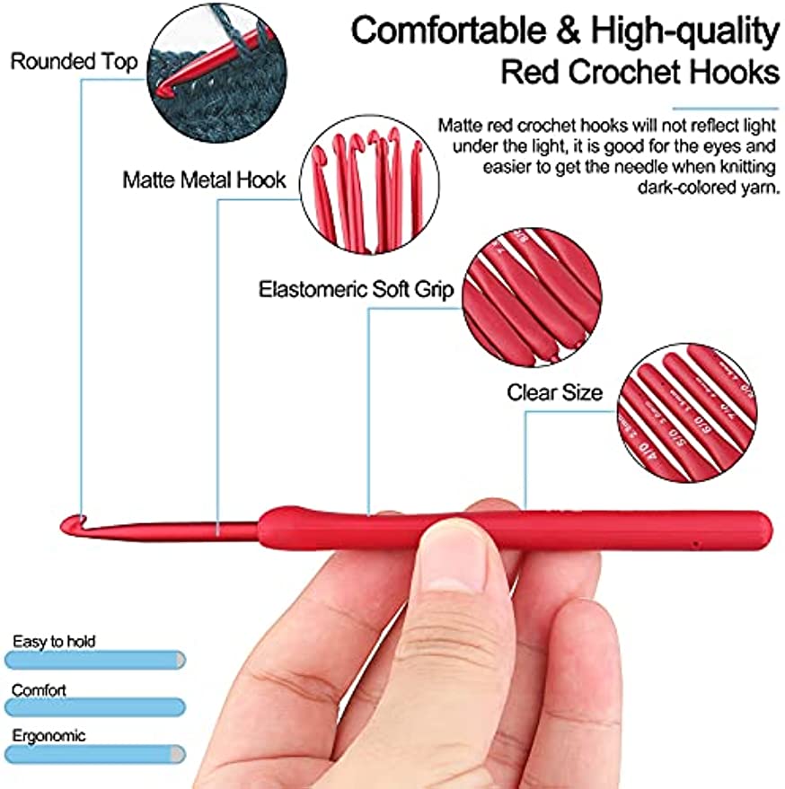Crochet Hook Set Red 2-6mm Crochet Hook Ergonomically for Arthritis Hands Storage Bag Suitable for Crochet Beginners