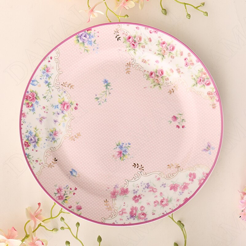 Plato de cerámica de flores para desayuno, platos de postre para pastel, estilo granja, plato de ensalada de frutas, hueso, bandeja de servicio para restaurante occidental