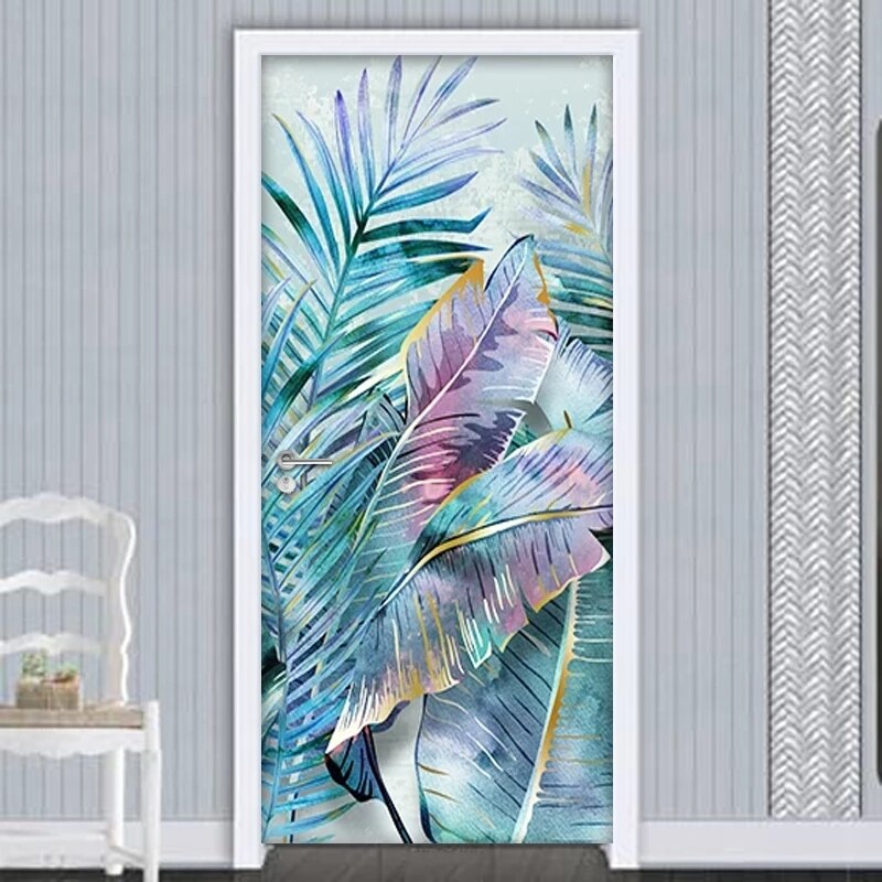 Pegatina de puerta de hojas de plantas, papel tapiz moderno para sala de estar, dormitorio, 3D, Pvc, impermeable, autoadhesivo, Mural de puerta, papeles de pared, decoración del hogar: 77x200cm