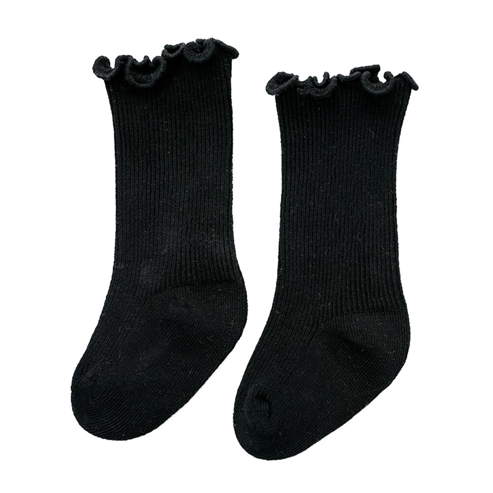 Peuter baby meisjes katoenen sokken, warme naadloze effen gebreide ruches sokken voor jongens en meisjes van 0-5 jaar: Zwart / 0-1y