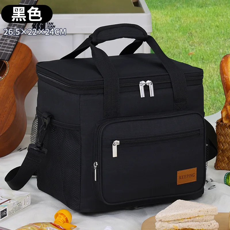 Przenośna torba termoizolacyjna do samochodu Duży izolowany pojemnik na żywność do użytku na zewnątrz, na piknik i do dostawy, szczelne termiczne pudełko na drugie śniadanie z uchwytami: Black