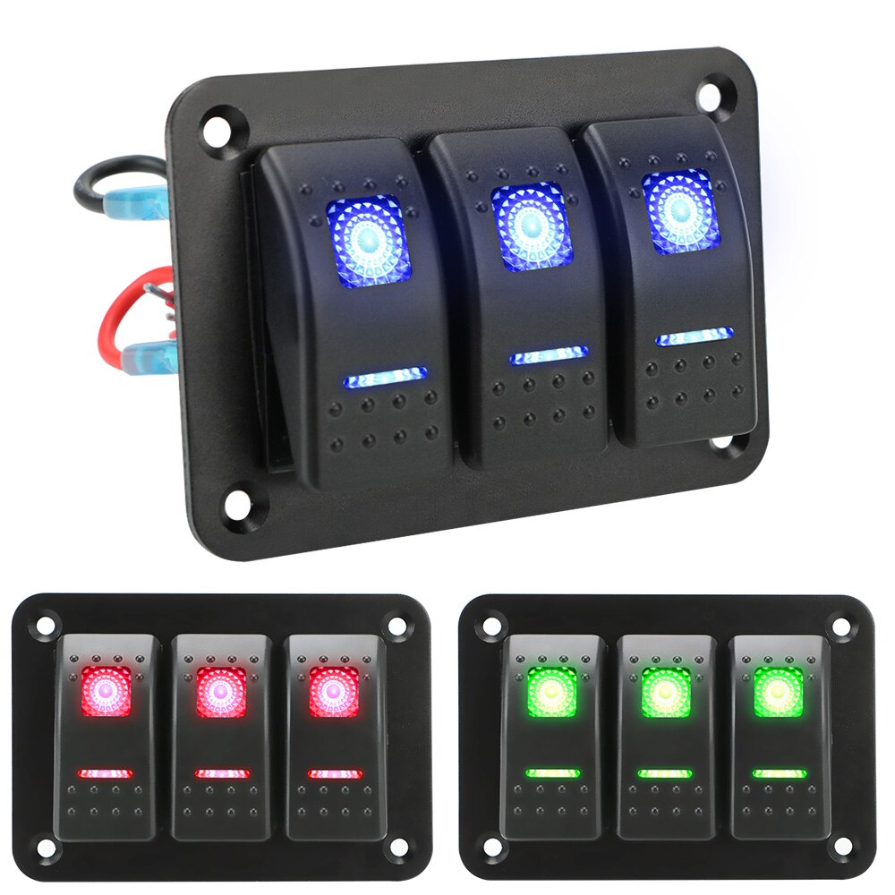 DC 12V/24V Overload Protection 3 Gang Rocker Switch Panel ON/OFF Lights Car Truck Marine Ship Circuit Breaker With Icon Sticker