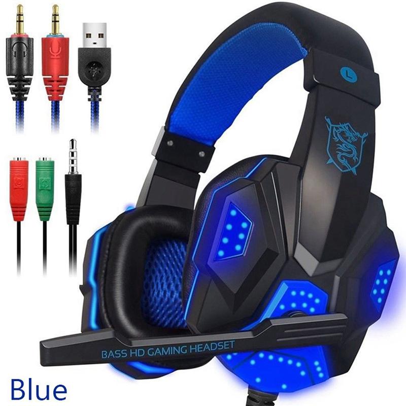 Gaming Headphones Wired Gamer Headset 3.5mm Stereo Sound Over Ear Earphone with Mic LED Light for PC Laptop PS4 Games Headset: blue