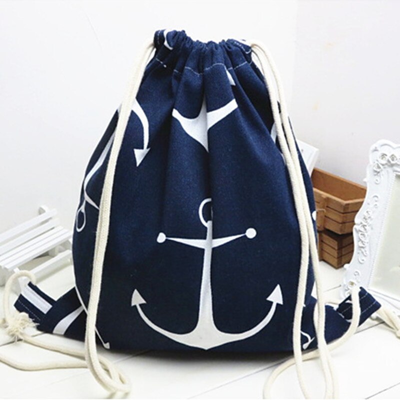 YILE Cotton Linen Drawstring Travel Backpack Student Book Shoes Bag Print Anchor Blue B02