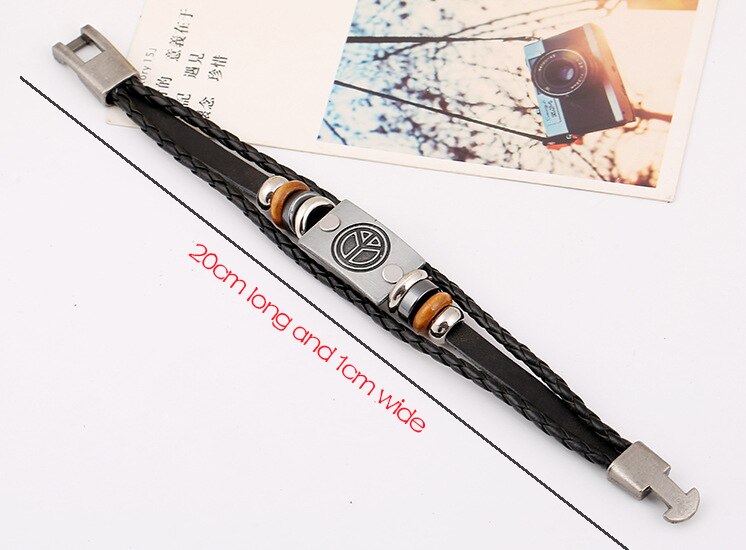 Décontracté rétro simple tissé à la main en cuir perlé bracelet alliage paix signe en cuir punk vent homme main corde populaire