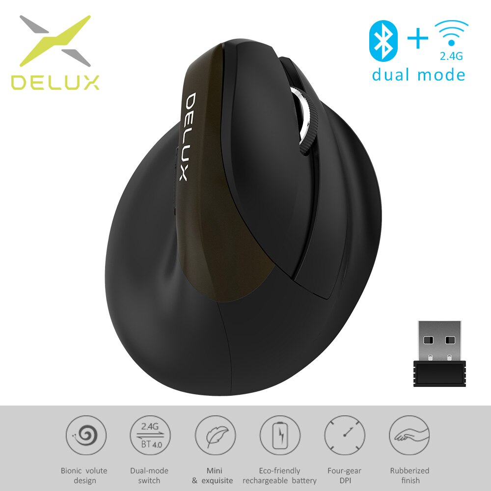 Delux M618Mini Jet Ergonomic Mouse Wireless Vertical Mouse Bluetooth USB 2.4GHz RGB Rechargeable Silent click Mice for Office