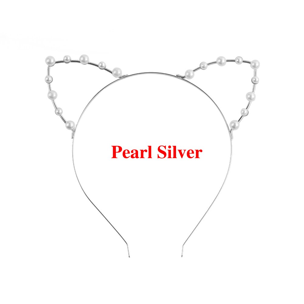 Bandeau avec des strass en alliage avec oreilles de chat mignon, accessoire pour cheveux, à la pour femmes et filles, argent/or perles, bandeau pour fête: 02
