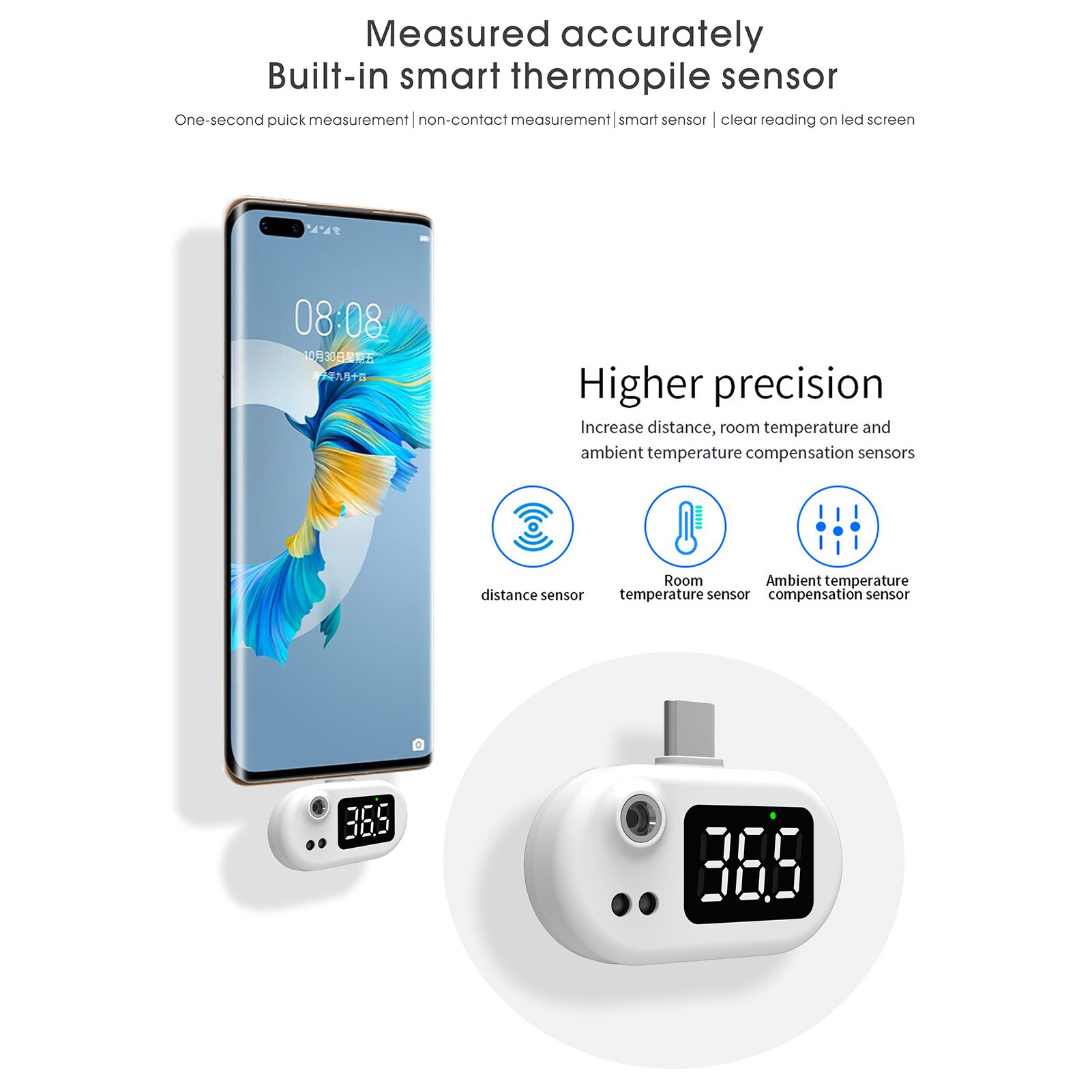 Minitermómetro Digital USB para teléfono móvil, higrómetro tipo C con pantalla LED, sin contacto, Sensor de temperatura infrarrojo