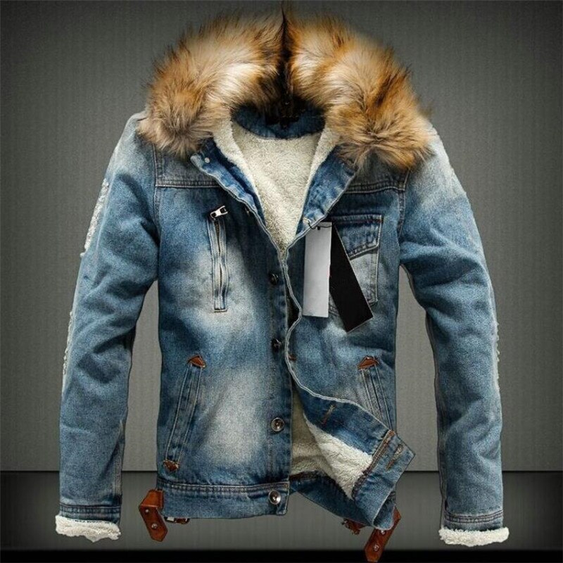Mens Jacket with Denim Jacket Fur Collar Retro Jeans Jacket and Coat for Autumn Winter: Blue / 6XL