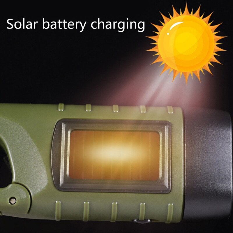 Solar Powered Flashlight Hand Crank Dynamo Rechargeable LED Light Lamp Charging Powerful Torch for Outdoor Activity