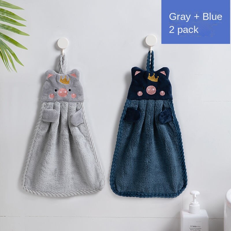 2 Pcs Cute Children's Handkerchief Towels Hanging Thickened Pure Cotton Absorbent Bathroom Face Wash Towel Kitchen Accessories: gray blue-send hooks