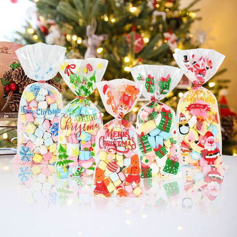 50Stck Weihnachten Tasche transparent Kunststoff Taschen Für Weihnachten Heimat Süßigkeiten Kekse Einkaufen Kekse Verpackung Taschen