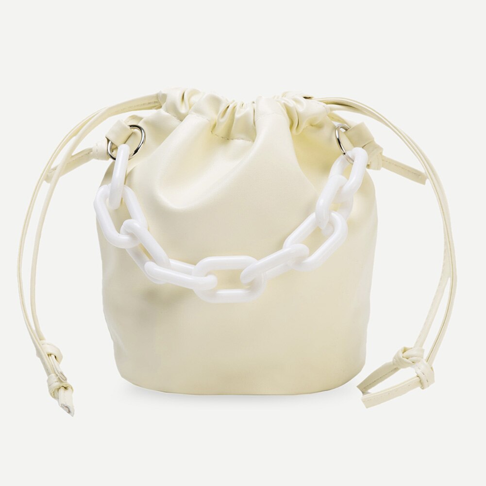 Drawstring Shoulder Bag Women PU Chain Bucket Handbags Female Solid Color Purse Youth Ladies Simple Versatile Bag: Beige