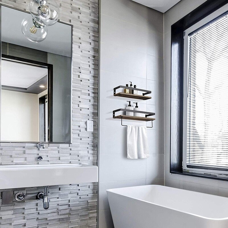 Mensola portaoggetti per bagno impostato da parete di 2, mensole galleggianti in legno rustico con portasciugamani rimovibile, perfette per cucina, bagno