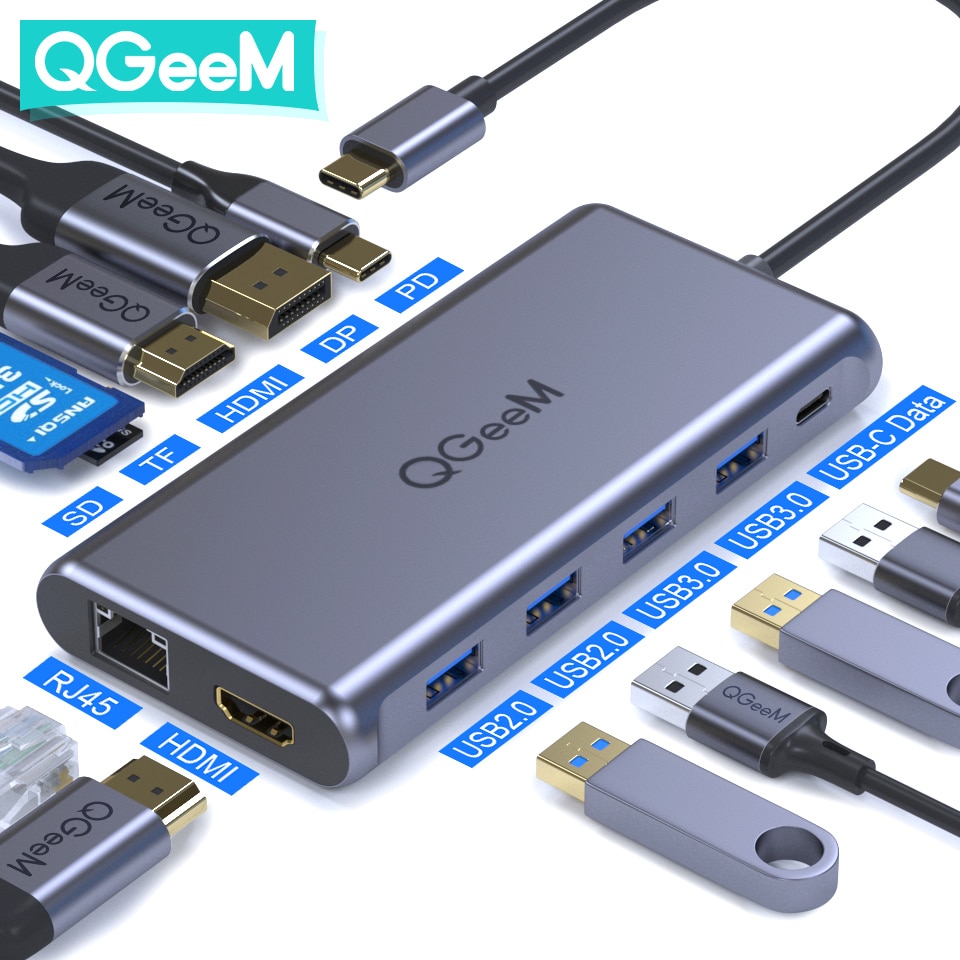 QGeeM USB C Hub voor Macbook Pro Air Triple Display Type C Hub naar Dual 4K HDMI & DP SD Micro SD-kaartlezers RJ45 Aux PD-oplader OTG Multi USB Hub Type C Dock 3.0 Adapter Splitter voor Notebook Laptops PC-accessoires