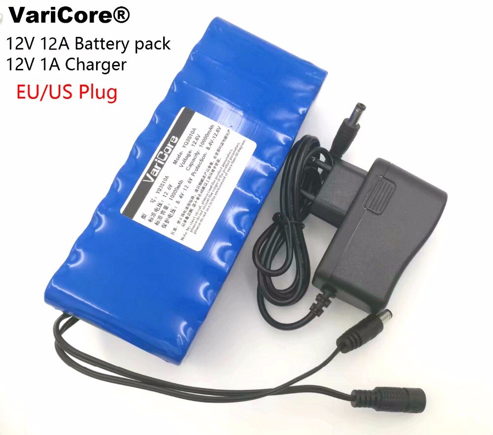 VariCore 12 V 12000 mAh accu 18650 Li Ion Camera batterij met PCB Bescherming en 12.6 V 1A Charger EU/US plug